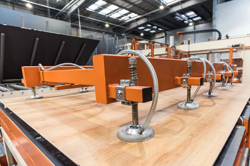 Detail of an industrial manufacturing process system in a flooring panels factory